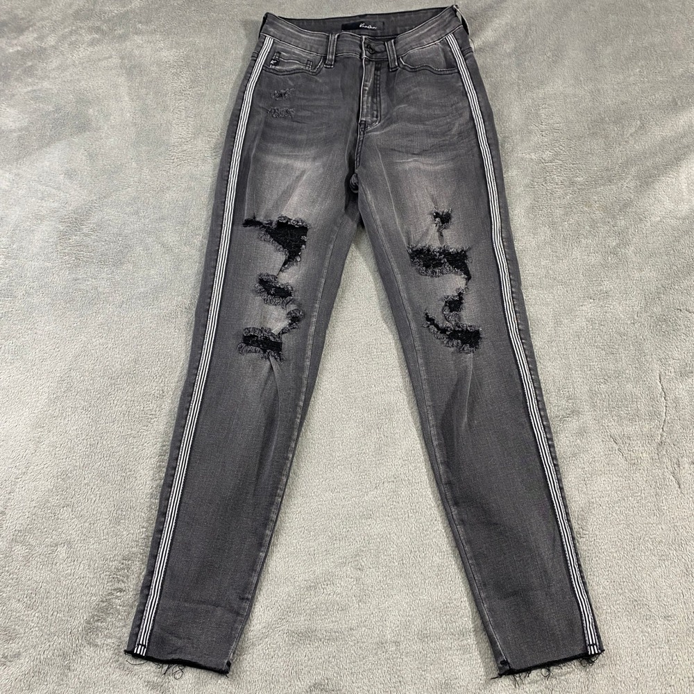 Kancan Los Angeles‎ Gray Skinny Jeans Distressed Stripe Detail Womens 26 Raw Hem
